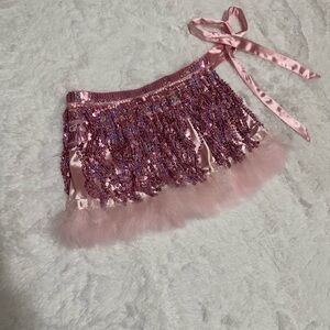i New Small pink sequin fringe fur iheartraves mini festival skirt rave raver
